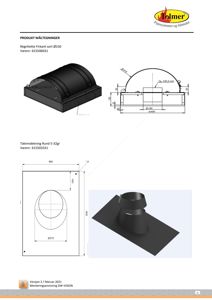 Produktmåletegninger for regnhette og takinndekning med dimensjoner og 3D-visuellisering.