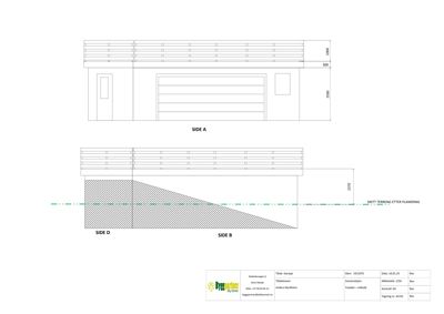 Snittegning som viser tverrsnitt gjennom bygningen (Side A til Side B) og terrengformingen etter planering.