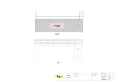 Teknisk detaljtegning som viser fylling og grunnkonstruksjon for en garasje.