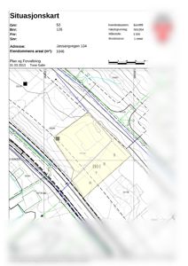 Situasjonskart for eiendommen Jøssangvegen 134 i Strand kommune, som viser eiendomsgrenser, infrastruktur og nabolag.