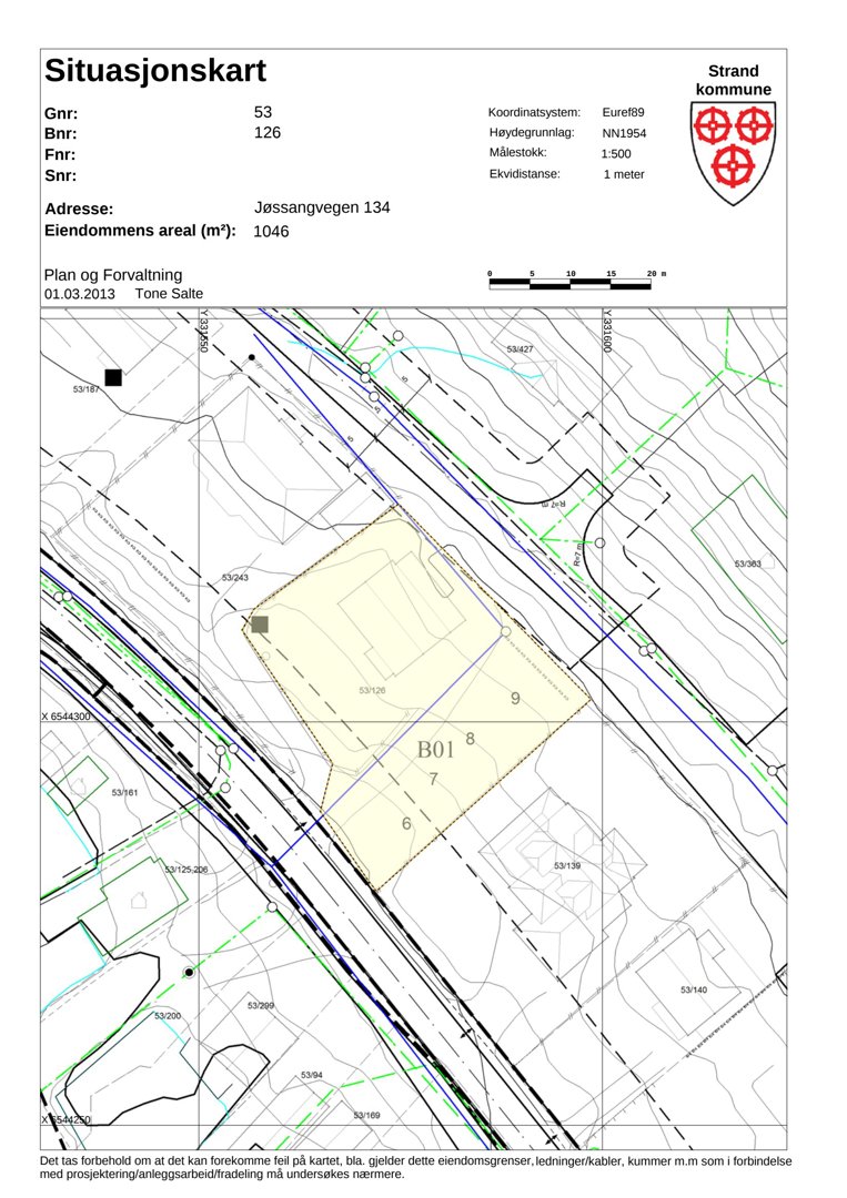 Situasjonskart for eiendommen Jøssangvegen 134 i Strand kommune, som viser eiendomsgrenser, infrastruktur og nabolag.