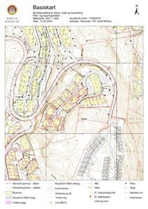 Et basiskart (situasjonskart) fra Bergen kommune som viser eiendomsgrenser, høydekurver, eksisterende bygninger og infrastruktur i området Råvarden 197.