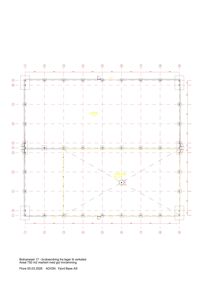 Etasjeplan (botnplan) som viser romfordeling, dimensjoner og plassering av veggkonstruksjoner for en bygning.