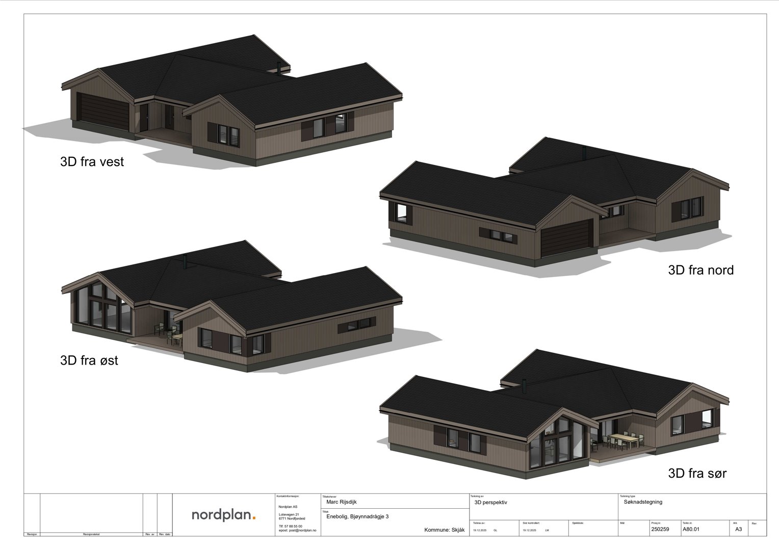 3D-perspektivtegning (rendering) av en bolig sett fra fire ulike vinkler (vest, nord, øst og sør).