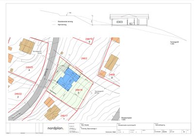 Situasjonsplan som viser tomtens plassering, nabotomter (246/17 til 246/23), vei (Byrjornesvegen) og terrengforhold.