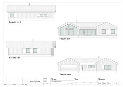 Fasadetegning som viser bygningens utseende fra fire sider: nord, øst, sør og vest.