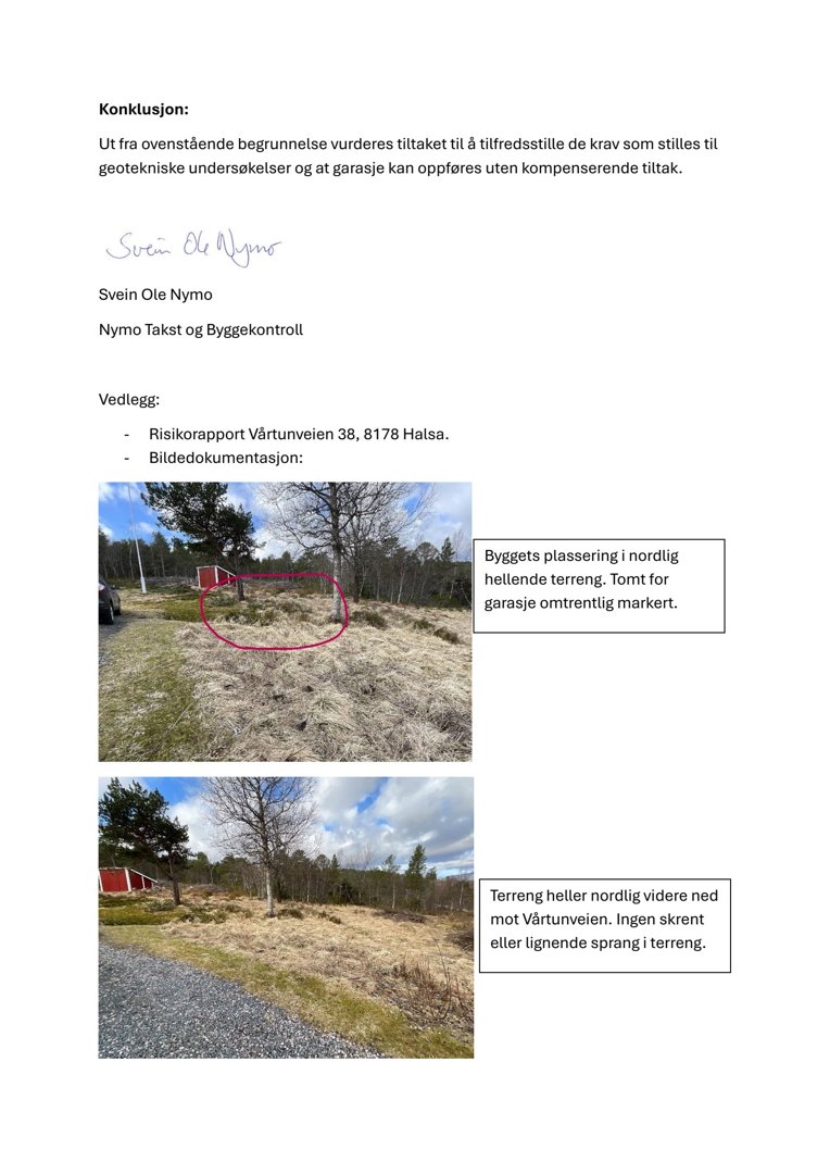 Fotografier av tomt og byggeplass med tilhørende beskrivende tekstbokser.