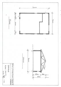 En tegning som viser etasjeplan (PLAN) og snitt (SNITT) for en garasje.
