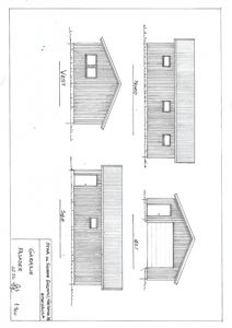 Fasadetegning som viser oppriss av bygningens fire sider (Vest, Nord, Sør, Øst) med vinduer og takform.