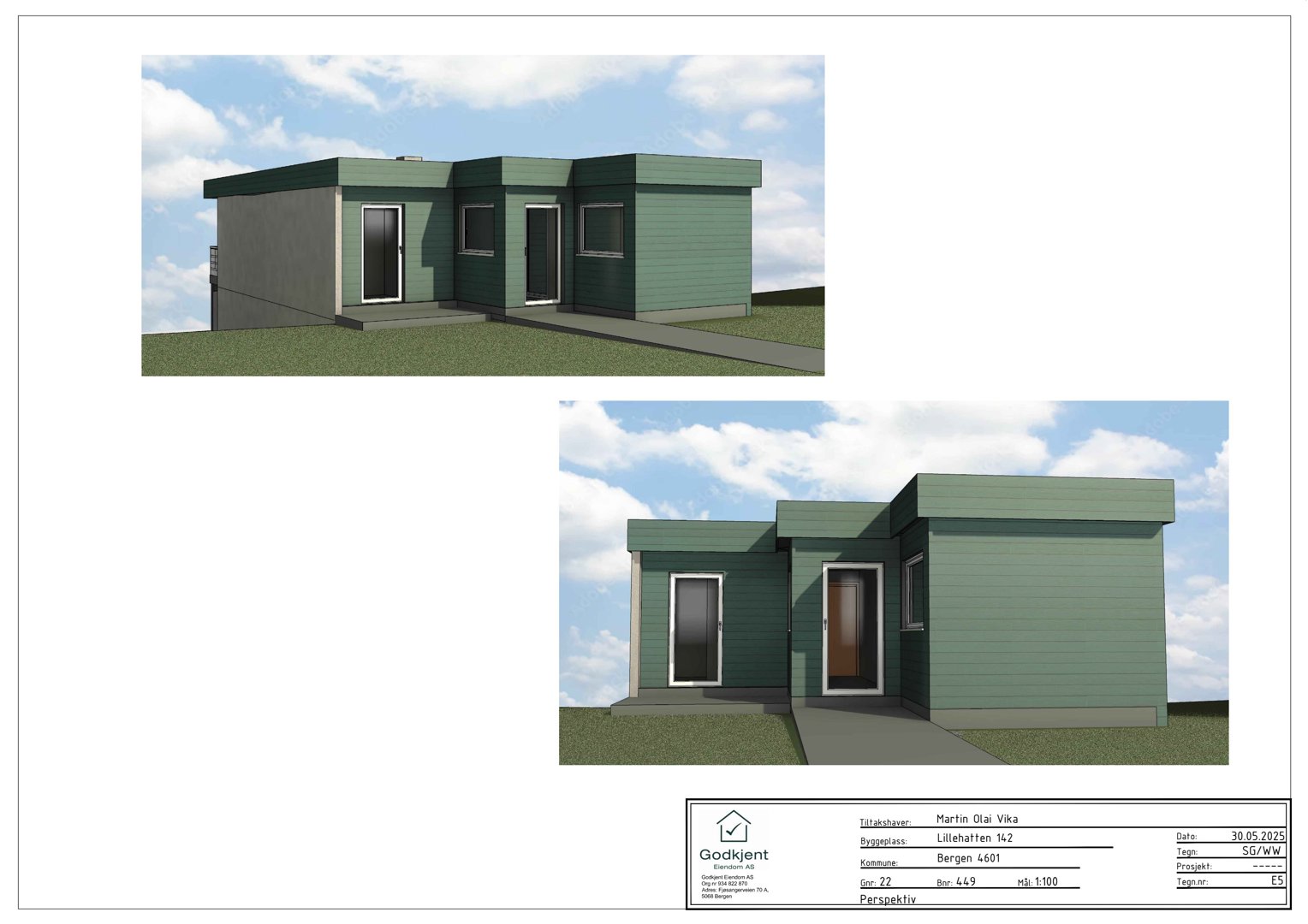 3D-visualisering (rendering) av en planlagt bygning sett fra to ulike vinkler.