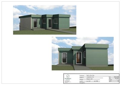 3D-visualisering (rendering) av en planlagt bygning sett fra to ulike vinkler.