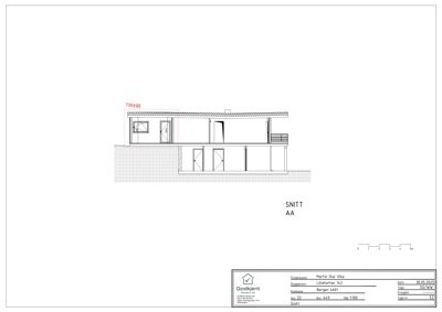 Snittegning (SNITT AA) som viser bygningens tverrsnitt, inkludert grunnmur, vinduer, dører og etasjeskiller.