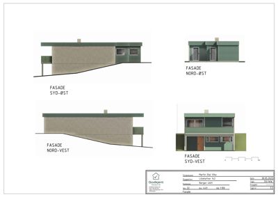 Fasadetegning som viser bygningens utseende fra fire ulike vinkler (syd-øst, nord-øst, nord-vest og syd-vest).