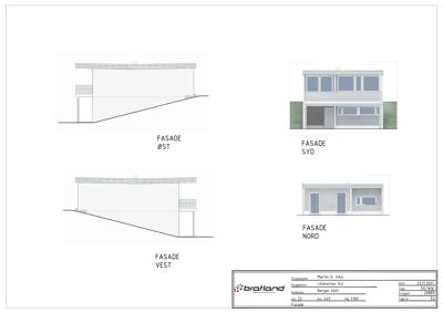 Fasadetegning som viser bygningens utseende fra fire sider: Øst, Syd, Vest og Nord.