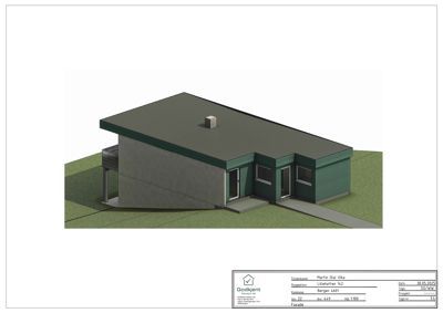 3D-visualisering (rendering) av en husfasade med omgivende terreng.