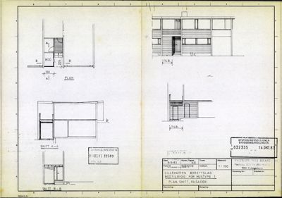 En tegningsside som viser detaljerte snitt (SNITT A-A, SNITT B-B) og en plan (PLAN) av en bod, samt fasadeoppriss (TIL.B).