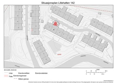 Situasjonsplan for eiendommen Lillehatten 142 som viser eiendomsflater, eiendomsgrenser, sikker grense og nabolag.