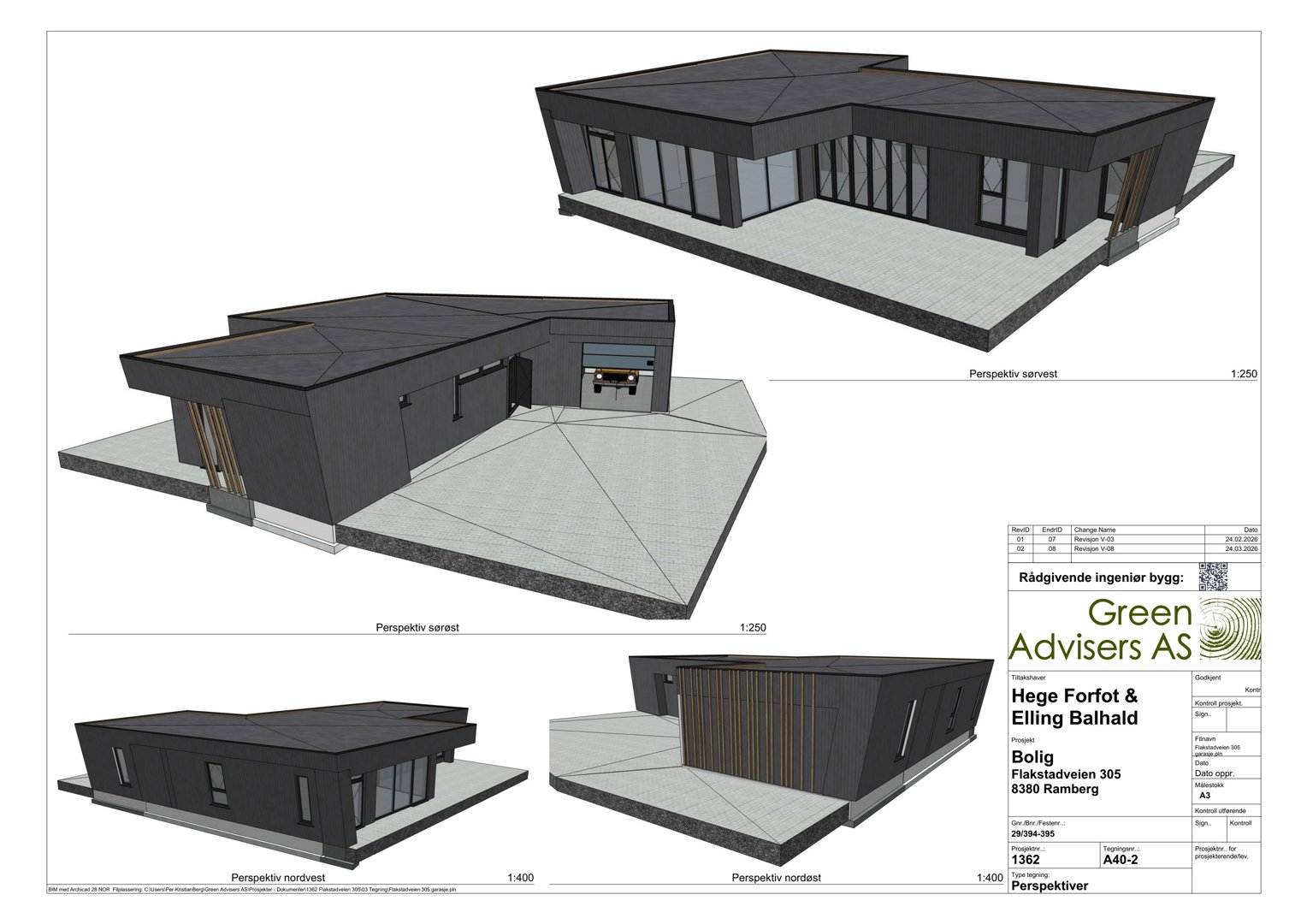 Perspektivtegning (rendering) av en bolig med tre ulike vinkler (nordøst, nordvest, sørvest).
