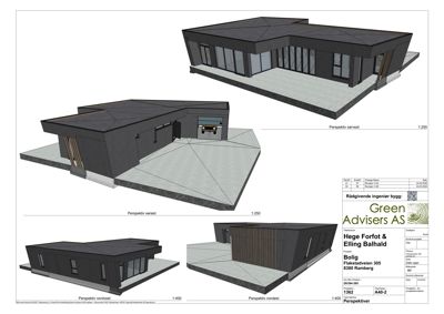 Perspektivtegning (rendering) av en bolig med tre ulike vinkler (nordøst, nordvest, sørvest).