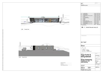 Fasadetegning som viser bygningens utseende sett fra nord og vest, inkludert mål og detaljer.
