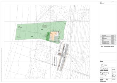 Situasjonsplan som viser tomtens form, grenser (grønt), topografi (konturlinjer) og plassering av eksisterende eller planlagt bygninger.