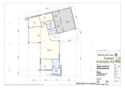 Etasjeplan (1. etasje) som viser romfordeling, mål og funksjon for et hus.