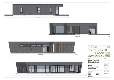 Fasadetegning som viser bygningens utsyn fra fire sider (Nord, Sør, Øst, Vest) med skala 1:100.