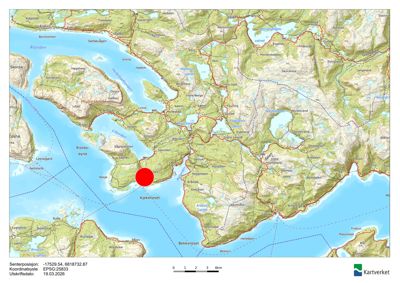 Kart over Hyllestad med markert senterposisjon (rød sirkel) ved Kjekkeneset.