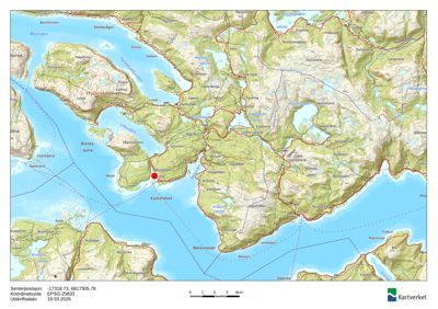 Kart over Hyllestad og omegn med markert posisjon (rød prikk) ved Kjekenåset.