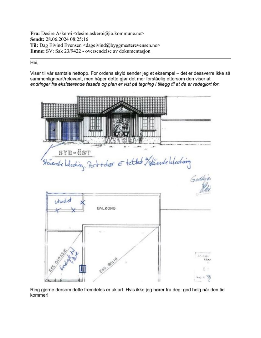 Bildet viser en tegning av bygningens fasade (opprikk) sett fra syd-øst, samt en tilhørende etasjeplan for bakre del med balkong og garasje.