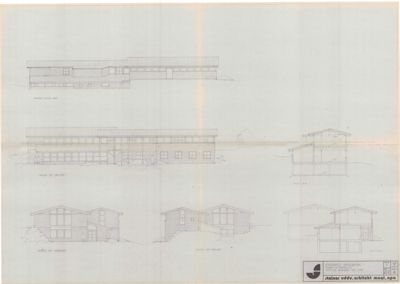 Fasadetegning som viser bygningens utsyn fra flere vinkler (f.eks. syd, vest, nord, øst).