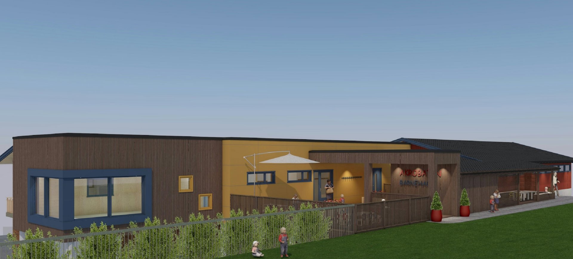 3D-visualisering av en bygning med fasade, vinduer, hekk og omgivelser