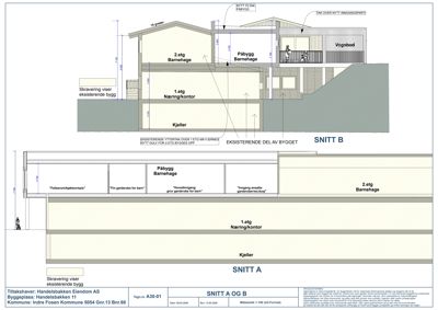 Snittegning (SNITT A OG B) som viser tverrsnitt gjennom en bygning med flere etasjer, inkludert kjeller, 1. etasje (Næring/kontor), 2. etasje (Barnehage), og en vognbod. Tegningen inkluderer mål, notasjoner om eksisterende og nytt bygg, samt detaljer om terrass og garasje.