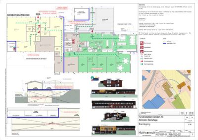 Fasadetegning som viser bygningens utseende fra flere vinkler, inkludert eksisterende del og påbygg.