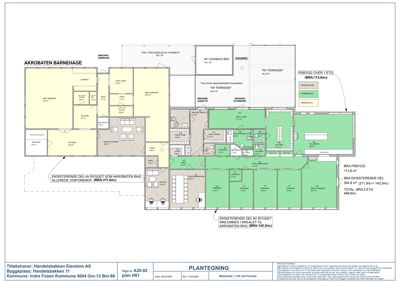 Plantegning som viser romfordeling og arealoppdeling for Akrobaten barnehage og tilhørende bygg.