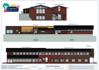 Fasadetegning som viser eksisterende og nytt bygg med detaljer om innganger og fasadebehandling