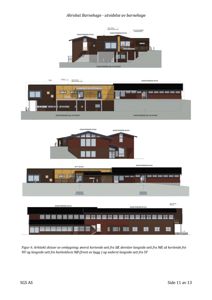 Arkitekttegning som viser fasadeoppsettet for en utvidelse av Akrobat Barnehage. Tegningen illustrerer både eksisterende og nytt bygg med detaljer om materialer og form.