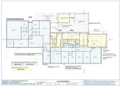 Etasjeplan (2. etasje) for Akrobaten Barnehage som viser romfordeling, arealer og endringer.