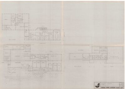 Plantegning som viser romfordeling for flere etasjer (eller nivåer) av en bygning.