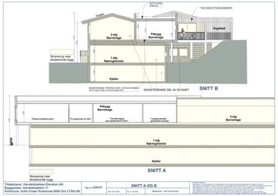 Snittegning (SNITT A OG B) som viser tverrsnitt gjennom en bygning med flere etasjer, inkludert kjeller, 1. etasje (Næring/kontor), 2. etasje (Barnehage), og en vognbod. Tegningen inkluderer mål, notasjoner om eksisterende og nytt bygg, samt detaljer om terrass og garasje.