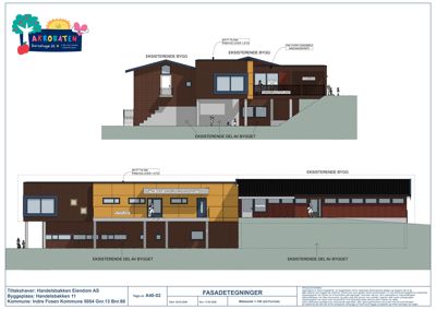 Fasadetegning som viser eksisterende og nytt tilbygg til en bygning, med detaljer om materialer, vinduer og innganger.