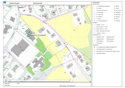 Kartutsnitt som viser eiendomsgrenser, bygninger og vegnett i Indre Fosen.