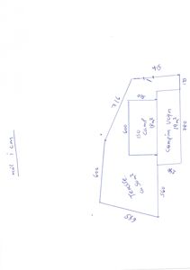Håndskrevet etasjeplan med romfordeling (Tekstie, Camping Vogn, Camping) og mål i cm.