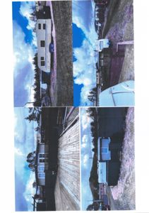 Fotografi av en campingvogn og en hytte sett fra ulike vinkler på en tomt.