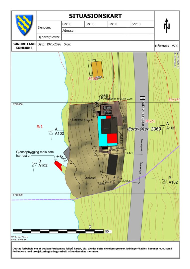 Situasjonskart som viser eiendomsgrenser, topografi, naboeiendommer og bygningsplassering.