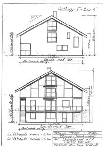 Tegning som viser fasadeopprikk for en bygning sett fra nord og sør, med mål og detaljer.