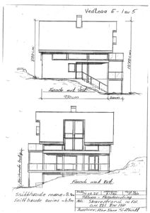 Tegning som viser fasadeopprikk (fra vest) med mål og detaljer for en bygning.