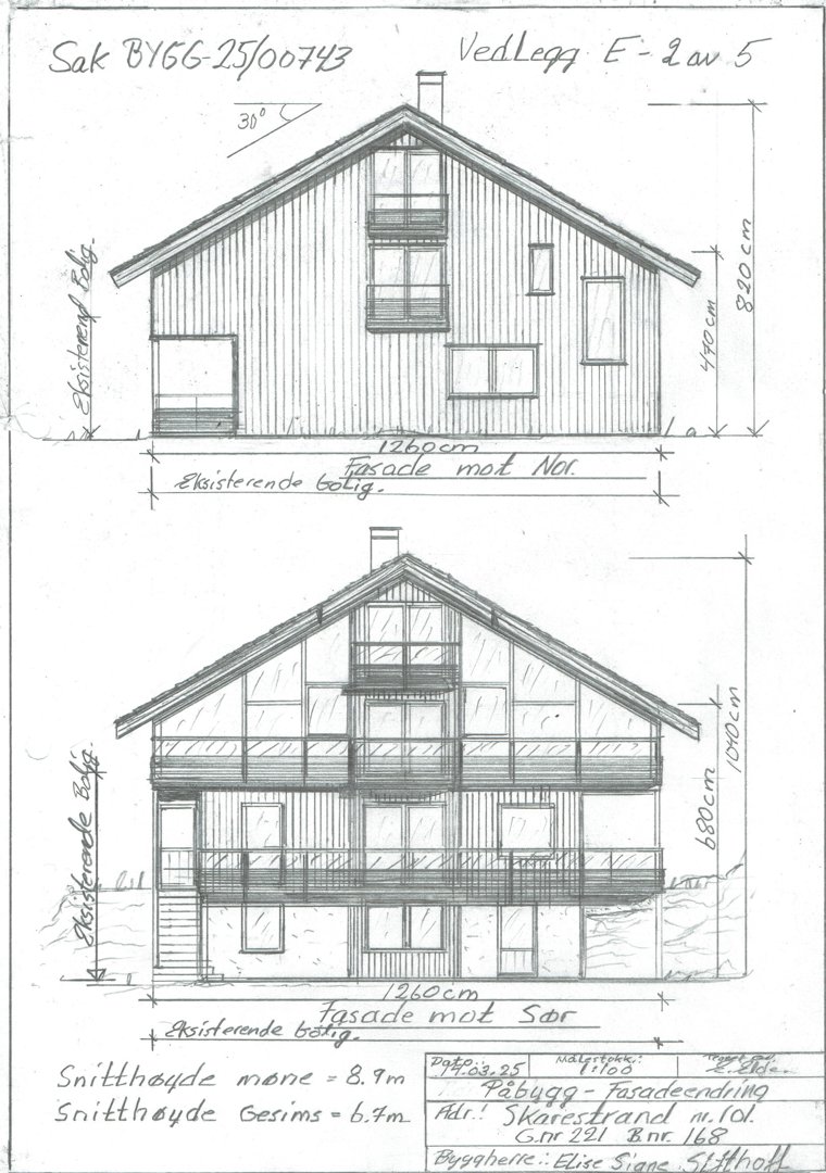 Tegning som viser fasadeopprikk for en bygning sett fra nord og sør, med mål og notasjoner.