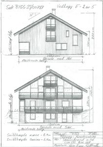 Tegning som viser fasadeopprikk for en bygning sett fra nord og sør, med mål og notasjoner.