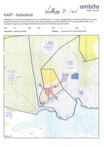 Situasjonsplan (naboliste) som viser eiendomsnummer, naboeiendommer og topografi for Skarestrand 101 i Arendal.